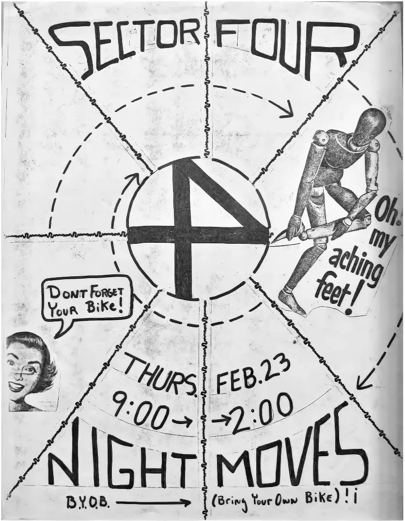 Hand-drawn 1984 flyer for Sector 4, a Tallahassee punk band, promoting a show called Night Moves with DIY graphics and handwritten details.