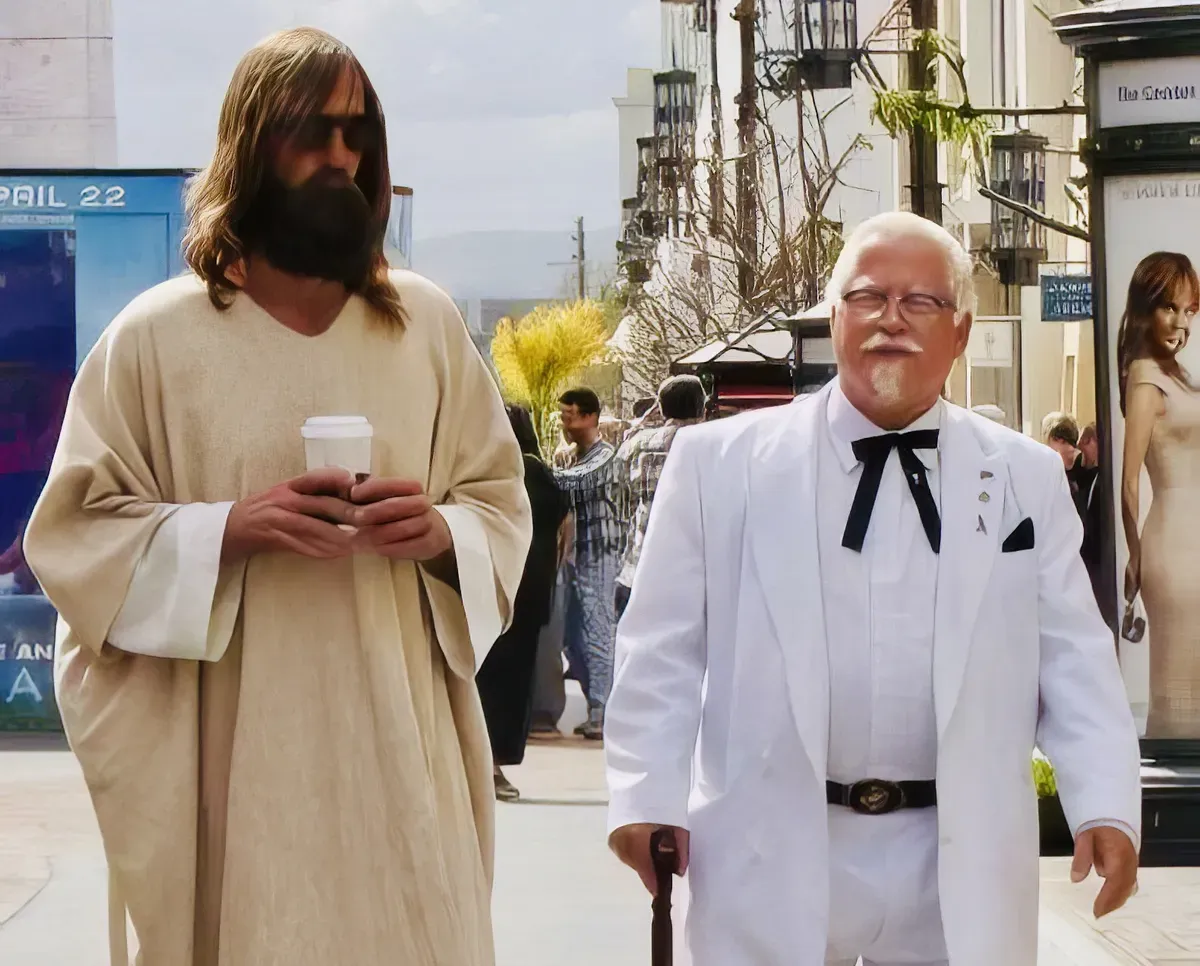 Person dressed as Jesus Christ walking with Colonel Sanders KFC mascot on Japanese street, discussing Christmas dinner traditions in Japan