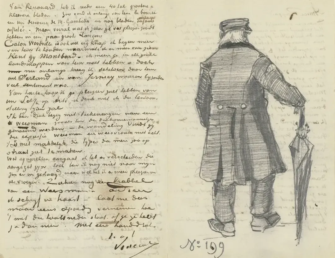 Handwritten letter page by Vincent van Gogh featuring a pen-and-ink sketch of an elderly man viewed from behind, holding an umbrella.
